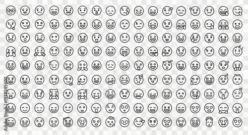 Comprehensive emoji icon set with many facial expressions in clean outline style. Perfect for UI design, messaging apps, social media reactions, and digital communication graphics.