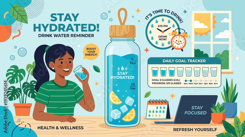 Woman drinking water from glass with hydration tracker and bottle