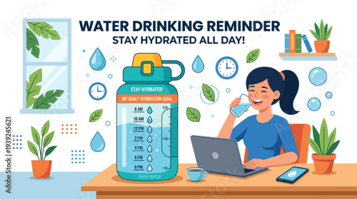 Woman staying hydrated at work with daily water drinking reminder