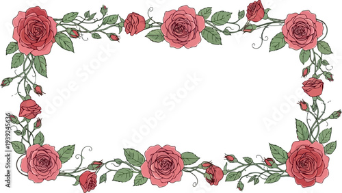 Elegant Rectangular Frame Decorated with Beautiful Pink Roses and Green Leaves, Perfect for Invitations and Greetings