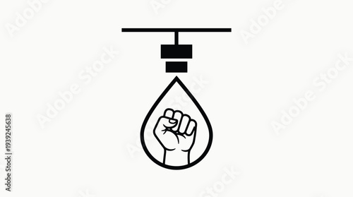 A black and white icon of a raised fist inside a teardrop shaped light bulb suspended from a fixture
