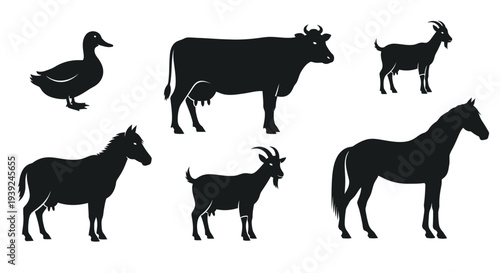 Farm Animals Silhouettes Collection. Livestock Vector Icons Set.