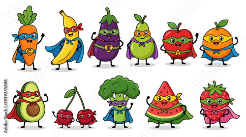 Colorful cartoon fruits and vegetables designed as superhero characters with capes and masks. Cute healthy food mascots perfect for kids education, stickers, posters, and healthy lifestyle campaigns.