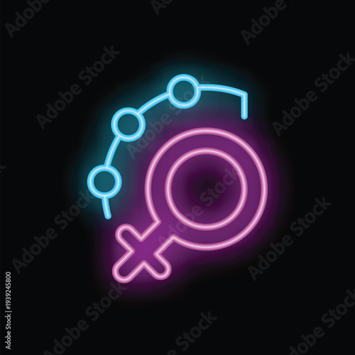 Neon female symbol with connected dots orbiting, representing social network and online community of women