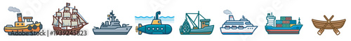 colorful ship and boat vector icon set, marine nautical vessels including sailboat yacht submarine fishing and cargo ships isolated on transparent background