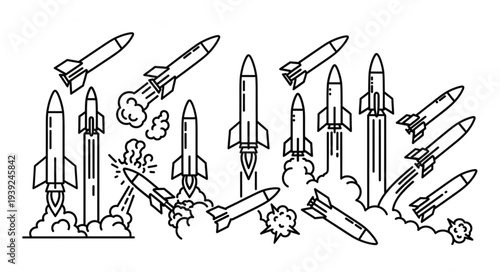 Collection of rockets launching and flying in various styles.