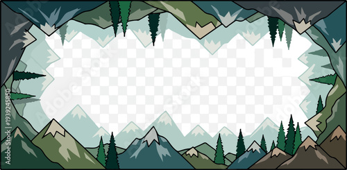 Cartoon Mountain Range Cave Entrance Illustration With Snow Capped Peaks And Pine Trees