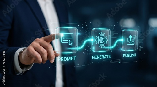 Businessman interacting with futuristic AI interface to generate content