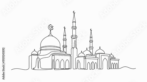 Elegant mosque architecture with domes and minarets at dusk