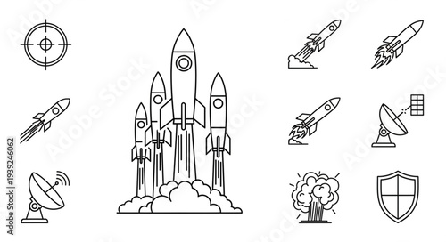 Collection of rocket and space exploration icons in outline style.