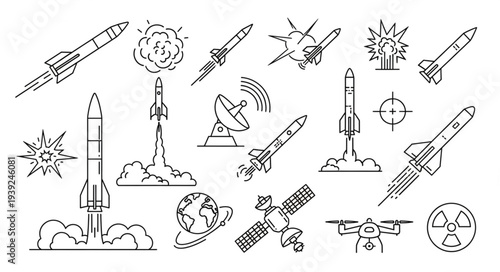 Collection of rocket and space exploration icons and illustrations.