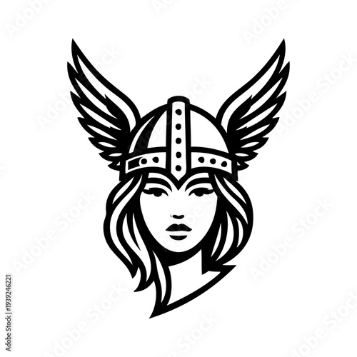 Logo valkiria nórdica. Icono con chica nórdica con casco bárbaro con alas de ave