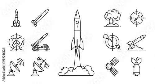 Collection of missile and rocket icons with satellite and explosion symbols.