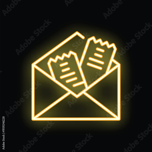 Glowing neon icon of an open mail envelope with two paper documents inside on a black background
