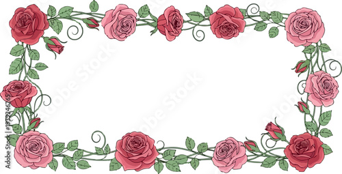 Romantic floral border design with delicate roses and swirling green leaves, perfect for invitations and decorative accents