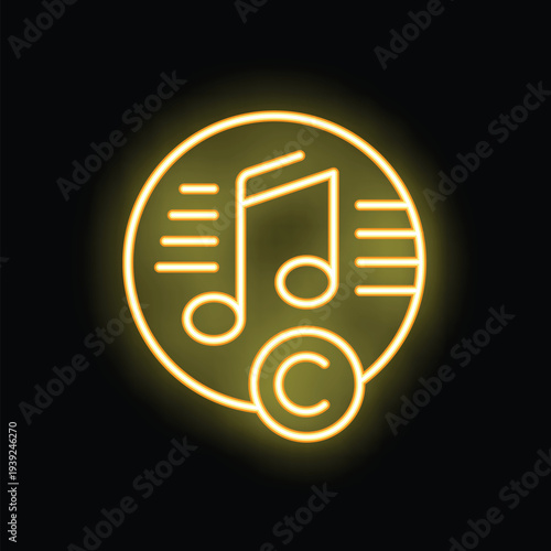 Yellow neon icon is glowing on a black background, showing the copyright of a music track