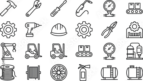 Collection of various industrial and construction icons in line art style