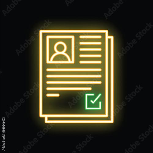 Neon sign of a resume with a green check mark, symbolizing a job well done in the application process