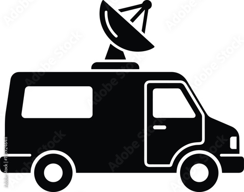 Black silhouette of a van with satellite dish on top for broadcasting or news reporting