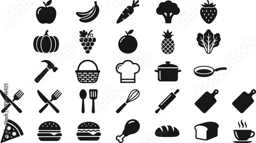 Collection of various food and kitchen icons in black silhouette