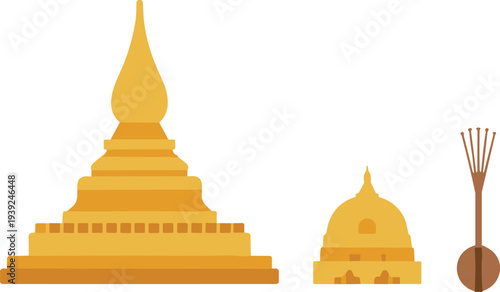 Golden Buddhist Pagoda and Traditional Stringed Instrument on White Background Keywords: pagoda, stupa, temple, buddhist, religion, asia, architecture, golden, yellow, traditional, instrument