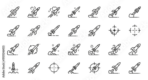 Collection of rocket launch icons and targeting reticles hand drawn style.