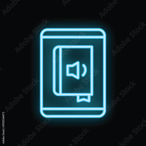 Blue neon icon of an audiobook playing on a smartphone screen, representing digital education and entertainment
