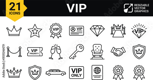 Collection of 21 vip icons in black and white line art on for luxury and exclusive concepts