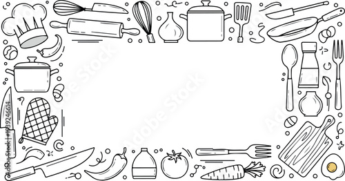Culinary and Kitchen Utensils Border Design with Cooking Tools and Ingredients, Ideal for Food Blogs and Restaurant Menus