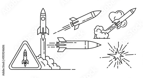 Collection of Rocket Ship Illustrations with Smoke and Stars.