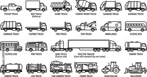 Collection of various trucks and vehicles in black and white line art