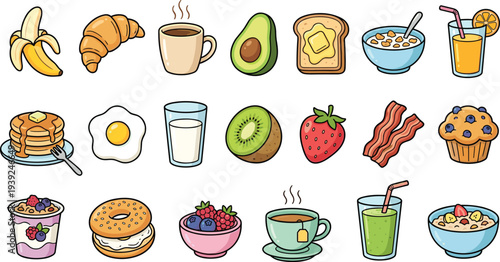 Colorful breakfast food icons set including fruits and drinks