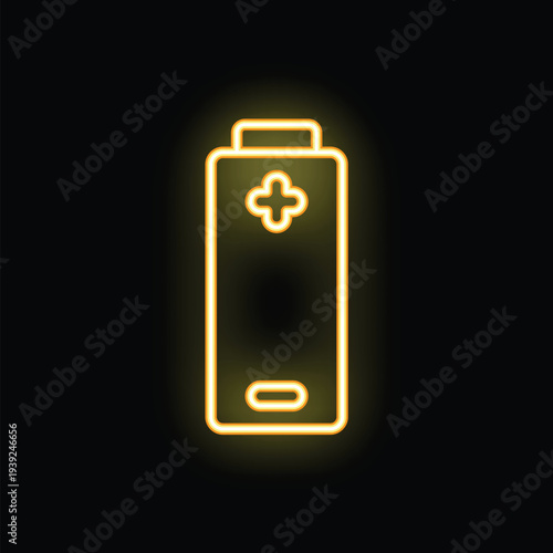Neon battery icon glowing on a dark background, representing energy, power, and electricity