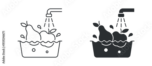 Fruit washing food hygiene icon set, in outline and solid silhouette style. Vector illustration.