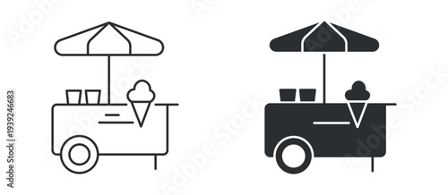 Ice cream street food cart vendor icon set, in outline and solid silhouette style. Vector illustration.
