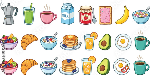 Colorful breakfast food and drink icons including coffee, pancakes, and fruit