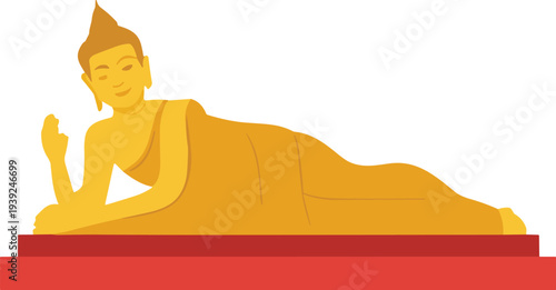 Golden Reclining Buddha Statue on Red Platform on White Background Keywords: buddha, statue, reclining, golden, yellow, religious, spiritual, buddhist, icon, symbol, asia, meditation, peace
