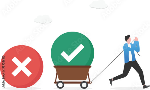 Businessman Pulling Heavy Cart with Disapproval Mark