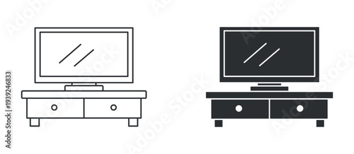Television on cabinet living room furniture icon set, in outline and solid silhouette style. Vector illustration.