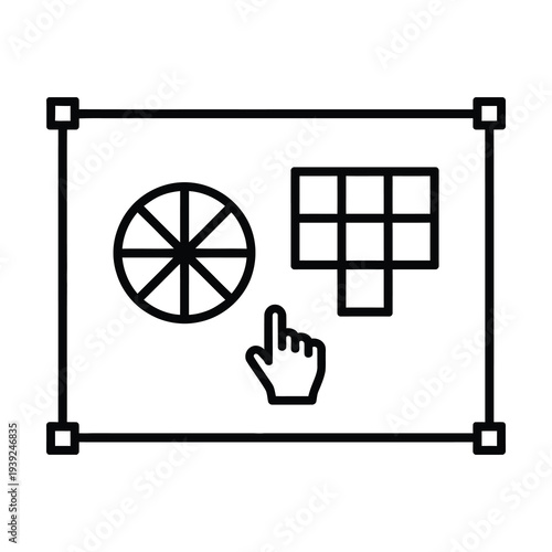 Vector of a touch interface featuring a wheel icon, a grid icon, and a finger pointing at the screen.