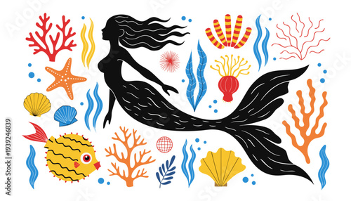 Whimsical Mermaid Silhouette with Colorful Coral Reef and Sea Life Illustration