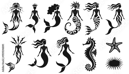 Collection of Elegant Mermaid Silhouettes with Seahorse and Starfish Vector Art