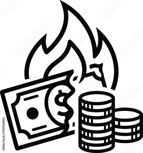 Black and white illustration of burning cash and coins on fire losing money