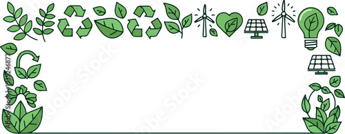 Eco-friendly icons and symbols border with green leaves, recycling, wind turbines, solar panels, and light bulbs representing sustainability and renewable energy