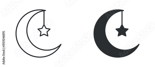 Crescent moon and star night symbol icon set, in outline and solid silhouette style. Vector illustration.