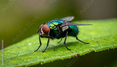 Vibrant green bottle fly stands perched delicately upon a textured green leaf, showing off iridescent detail