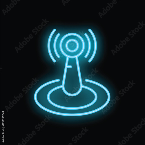 Glowing neon blue icon of a wireless network emitting a signal, set against a black background