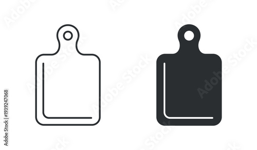 Kitchen cutting board food preparation utensil icon set, in outline and solid silhouette style. Vector illustration.
