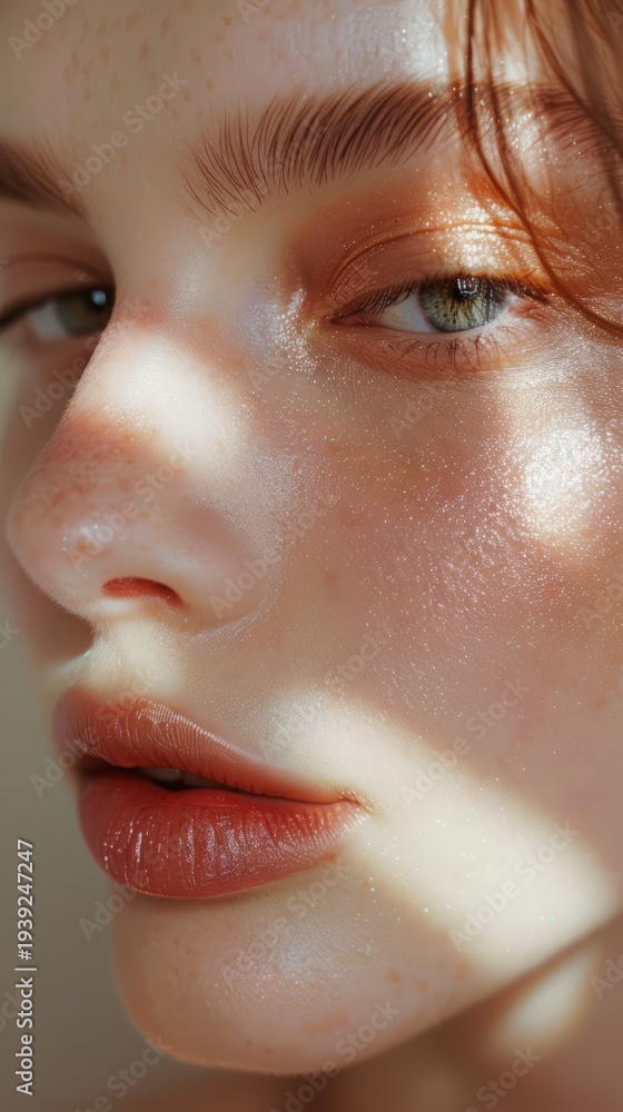 Naklejka premium Beautiful Woman with Clean Natural Skin – Skincare & Makeup Ready Portrait