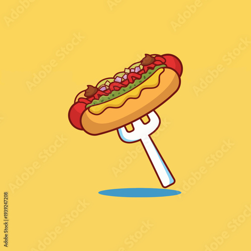 This playful image illustrates a hot dog perched on a fork against a bright yellow backdrop, perfect for conveying fun, casual dining, and outdoor food experiences.